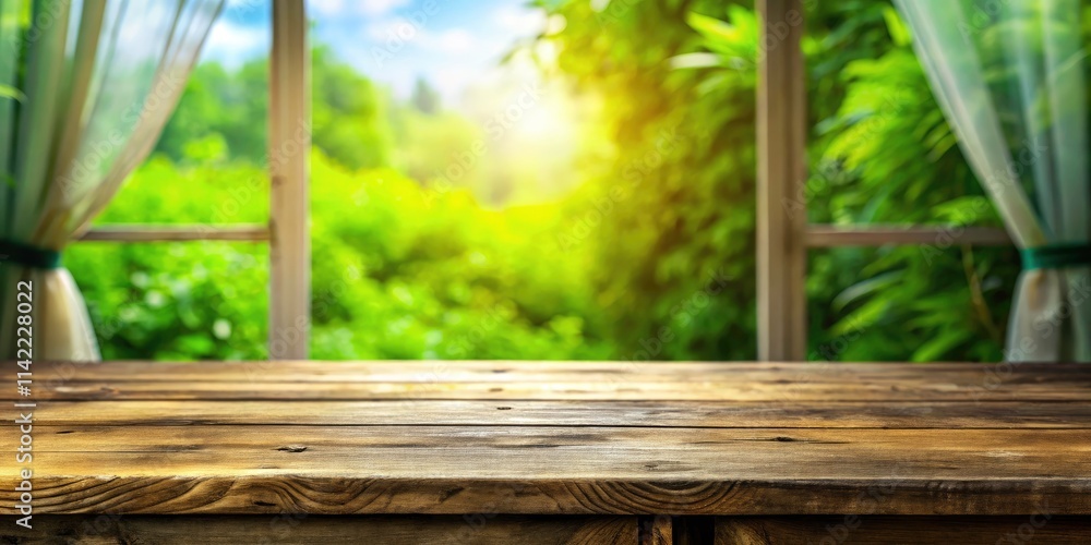 Macro Photography of Wood Table Top with Blurred Curtain Window and Abstract Green Garden Background for Interior Decor and Nature Themes Macro Photography of Wood Table Top with Blurred Curtain Window and Abstract Green Garden Background for Interior Decor and Nature Themes