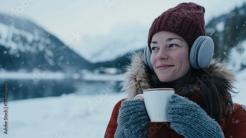 A woman in winter clothing, wearing earmuffs and holding a cup of hot cocoa while standing in a snowy landscape.