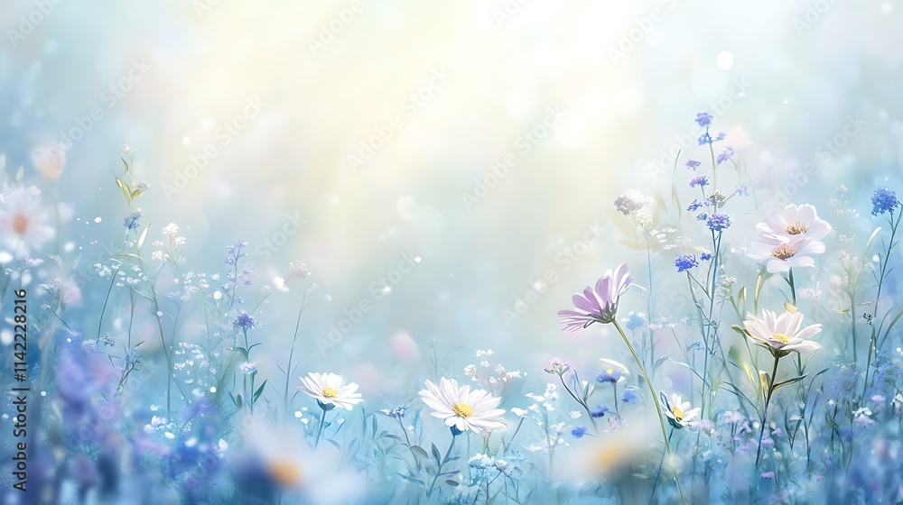 Soft focus meadow scene with wildflowers and gentle sunlight