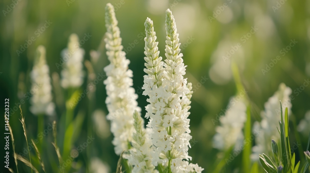 Elegant white lavender blooms in a lush green meadow captured in close-up with selective focus showcasing nature's beauty. Elegant white lavender blooms in a lush green meadow captured in close-up with selective focus showcasing nature's beauty.