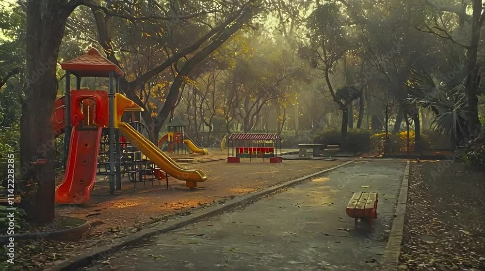 Sunlit playground in tranquil forest. Sunlit playground in tranquil forest.