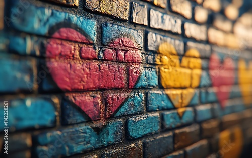 Generative AIrendered brick wall with graffitistyle hearts painted in bold, contrasting colors, giving the scene a youthful, energetic vibe photo