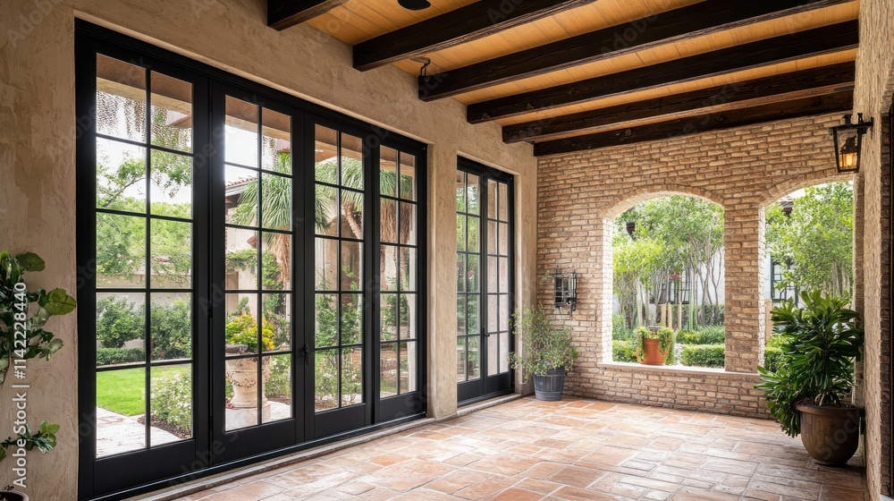 Obraz premium Sunlit patio with terracotta tile floor, black framed French doors opening to lush garden.