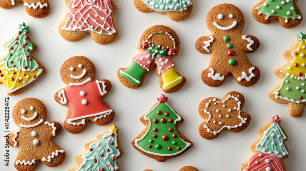 A beautifully crafted assortment of cookies featuring gingerbread men, bells, and trees with colorful frosting, isolated on white A beautifully crafted assortment of cookies featuring gingerbread men, bells, and trees with colorful frosting, isolated on white