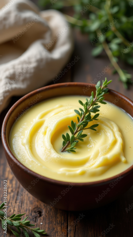 A bowl of yellow sauce with herbs on a wooden surface. A bowl of yellow sauce with herbs on a wooden surface.