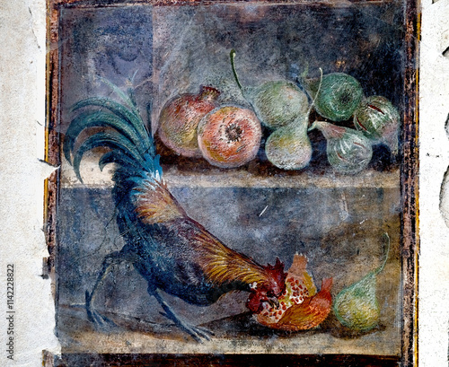ancient Pompeian fresco of a rooster with fruit and pomegranates, the pomegranate was a symbol of fertility and the rooster was a symbol of strength and health, Pompeii 79 AD Italy