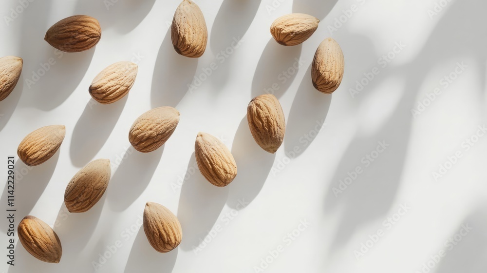 Natural almond nuts scattered on a white surface creating shadows for a clean and minimalist nut background design. Natural almond nuts scattered on a white surface creating shadows for a clean and minimalist nut background design.