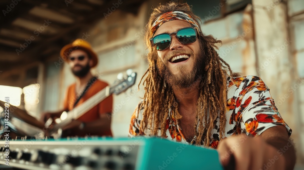 A joyful musician with dreadlocks and sunglasses smiles, playing keyboard in a vibrant outdoor setting, embodying the freedom and joy of music and creativity. A joyful musician with dreadlocks and sunglasses smiles, playing keyboard in a vibrant outdoor setting, embodying the freedom and joy of music and creativity.