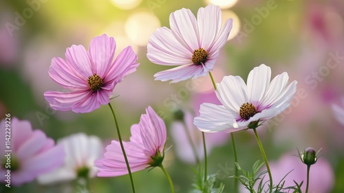 Delicate pink and white cosmos flowers blooming in a serene garden setting with soft bokeh background for a tranquil floral mood.