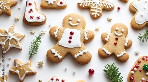 A beautifully decorated set of holiday cookies featuring gingerbread men, stars, and holly leaves, with bright sugar details, on white