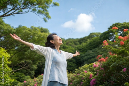 Asian woman enjoying nature standing with open arms