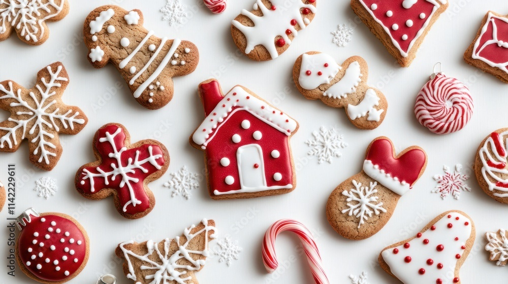 A cheerful assortment of holiday cookies with sugar details, including shapes like gingerbread houses, mittens, and candy canes, on white A cheerful assortment of holiday cookies with sugar details, including shapes like gingerbread houses, mittens, and candy canes, on white