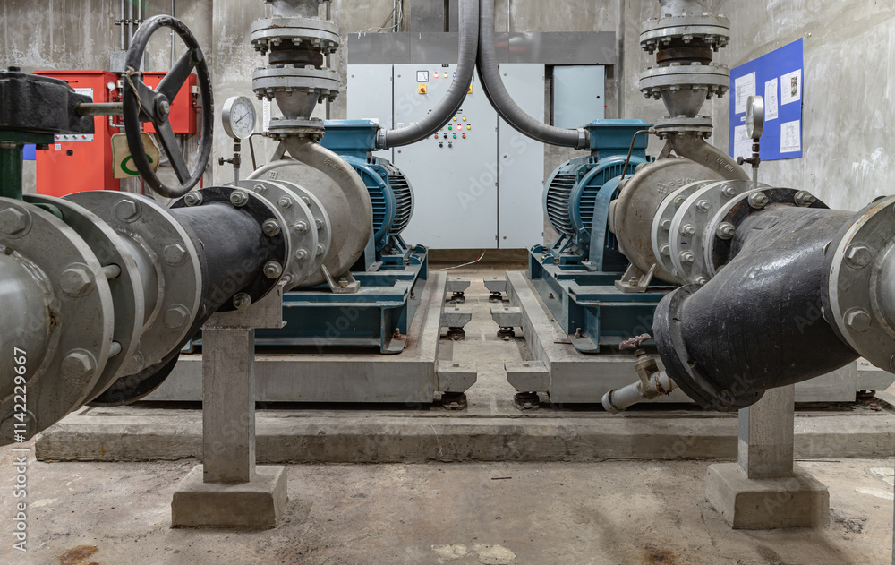 Cold water pump of Condominium. Large blue water pumps motor and pipeline to deliver cooling water supply system into production process, Copy space, Selective focus.