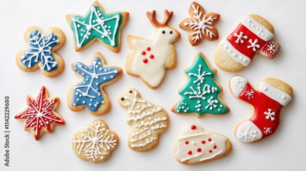 Obraz premium A cheerful collection of Christmas cookies in shapes like stars, reindeer, and mittens, decorated with vibrant frosting, on white