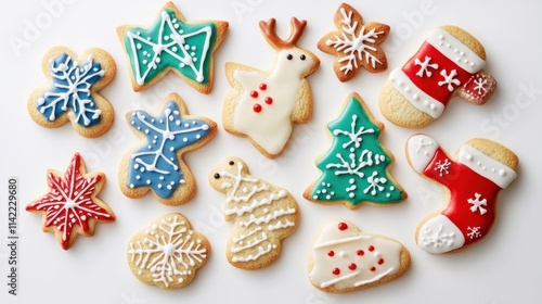 A cheerful collection of Christmas cookies in shapes like stars, reindeer, and mittens, decorated with vibrant frosting, on white