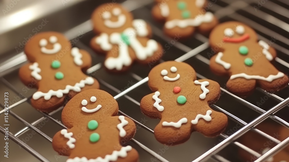 Gingerbread cookies cooling on a wire rack decorated with icing and candy in a cozy kitchen setting Gingerbread cookies cooling on a wire rack decorated with icing and candy in a cozy kitchen setting