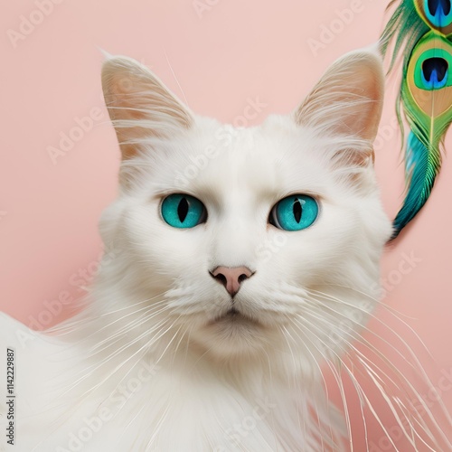 Close-up of a white cat with a peacock feather draped over its face, blending into a vibrant, feather-filled background photo