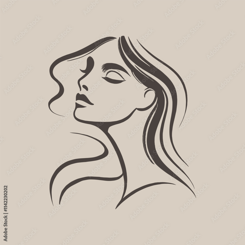 Minimalist line art of a serene woman with flowing hair, beige background Minimalist line art of a serene woman with flowing hair, beige background