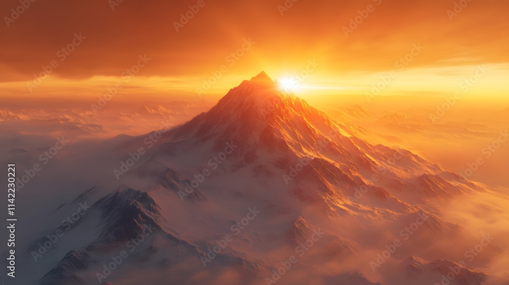 Mountain peaks at sunrise glow with golden sunlight, illuminating the snow-capped summit, while morning mist and rays breaking through clouds create an ethereal, dramatic landscape. Mountain peaks at sunrise glow with golden sunlight, illuminating the snow-capped summit, while morning mist and rays breaking through clouds create an ethereal, dramatic landscape.