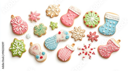 Wallpaper Mural A cheerful collection of holiday cookies shaped like ornaments, snowflakes, and mittens, adorned with vibrant sugar decor, isolated on white Torontodigital.ca