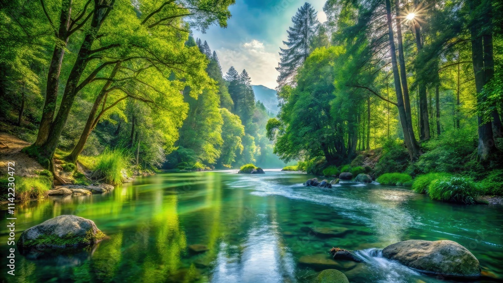 Panoramic View of a Serene River Flowing Through a Lush Green Forest, Capturing Nature's Tranquility and Vibrant Ecosystem for Outdoor Enthusiasts and Nature Lovers