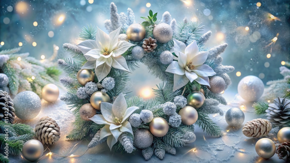 Frosted poinsettia, silver ornaments, and winter's surreal embrace in a festive wreath. Frosted poinsettia, silver ornaments, and winter's surreal embrace in a festive wreath.