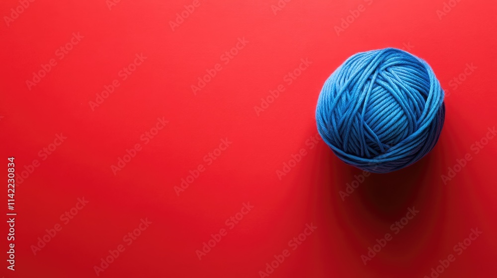 Elegant blue velvety yarn ball placed on a vibrant red background showcasing texture and color contrast for creative projects. Elegant blue velvety yarn ball placed on a vibrant red background showcasing texture and color contrast for creative projects.