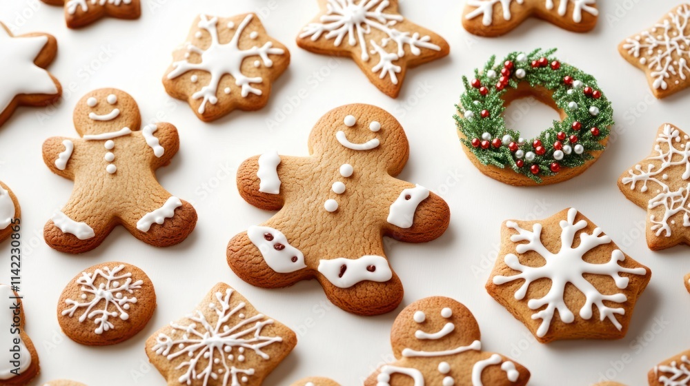A cheerful variety of cookies with festive sugar details, including gingerbread men, wreaths, and stars, on a white background A cheerful variety of cookies with festive sugar details, including gingerbread men, wreaths, and stars, on a white background