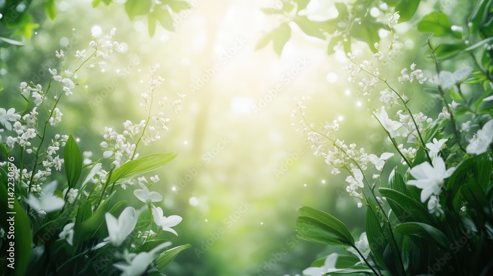 Orchids and lush green leaves create a serene garden background perfect for nature-themed postcards and agricultural concepts. Orchids and lush green leaves create a serene garden background perfect for nature-themed postcards and agricultural concepts.