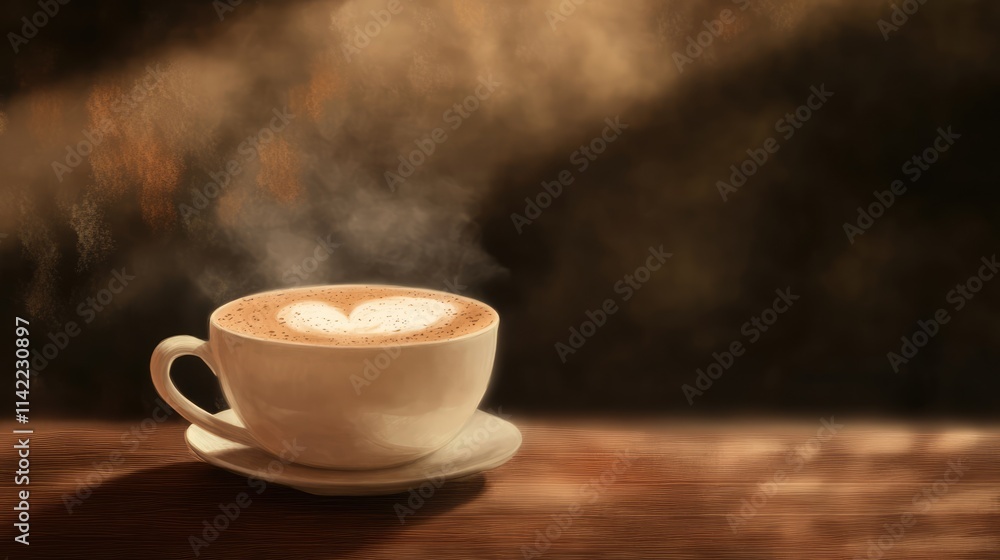 Cozy cappuccino in a white cup with steam on a rustic wooden table in a warm coffee shop atmosphere Cozy cappuccino in a white cup with steam on a rustic wooden table in a warm coffee shop atmosphere