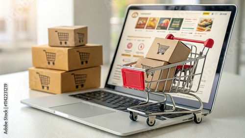 Online Shopping Concept with Product Package Boxes, Shopping Bag in Cart, and Laptop Showing Web Store. E-commerce and Delivery Service Illustration for Digital Retail and Internet Shopping Experience