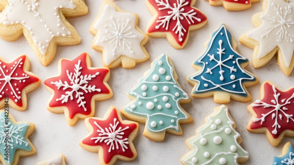 Fototapeta premium A colorful assortment of holiday cookies featuring Christmas trees, snowflakes, and stars with intricate icing, on white