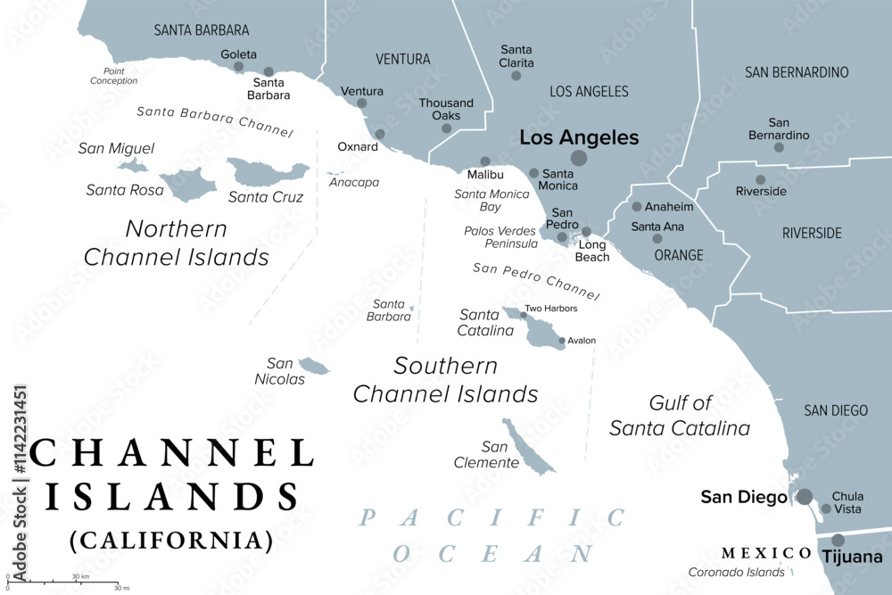 Naklejka premium Channel Islands of California, gray political map. Eight-island archipelago in the Pacific, southwest of Los Angeles metropolitan area, administered by counties Santa Barbara, Ventura and Los Angeles.