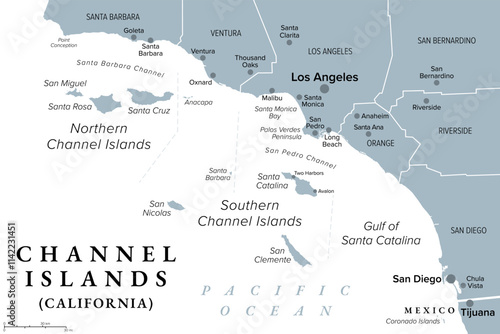 Channel Islands of California, gray political map. Eight-island archipelago in the Pacific, southwest of Los Angeles metropolitan area, administered by counties Santa Barbara, Ventura and Los Angeles.