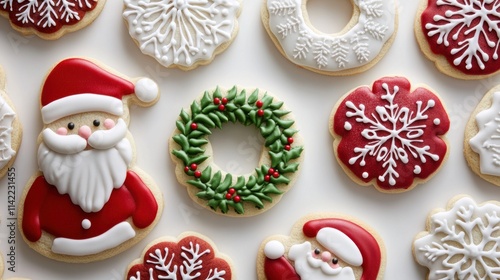 A colorful collection of holiday cookies shaped like Santa, wreaths, and snowflakes with detailed sugar designs, on white