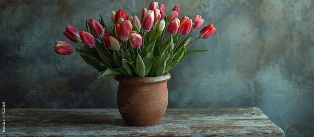 Bicolor tulips in rustic clay pot on wooden table enhancing spring decor with vibrant colors and natural elegance Bicolor tulips in rustic clay pot on wooden table enhancing spring decor with vibrant colors and natural elegance