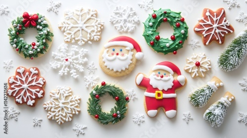 A colorful collection of holiday cookies shaped like Santa, wreaths, and snowflakes with detailed sugar designs, on white