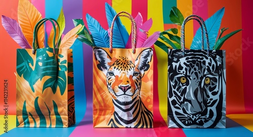 colorful animal print paper bag on colorful background photo