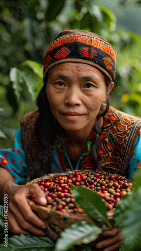 Woman from northern Thai ethnic groups harvest coffee