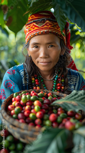 Woman from northern Thai ethnic groups harvest coffee