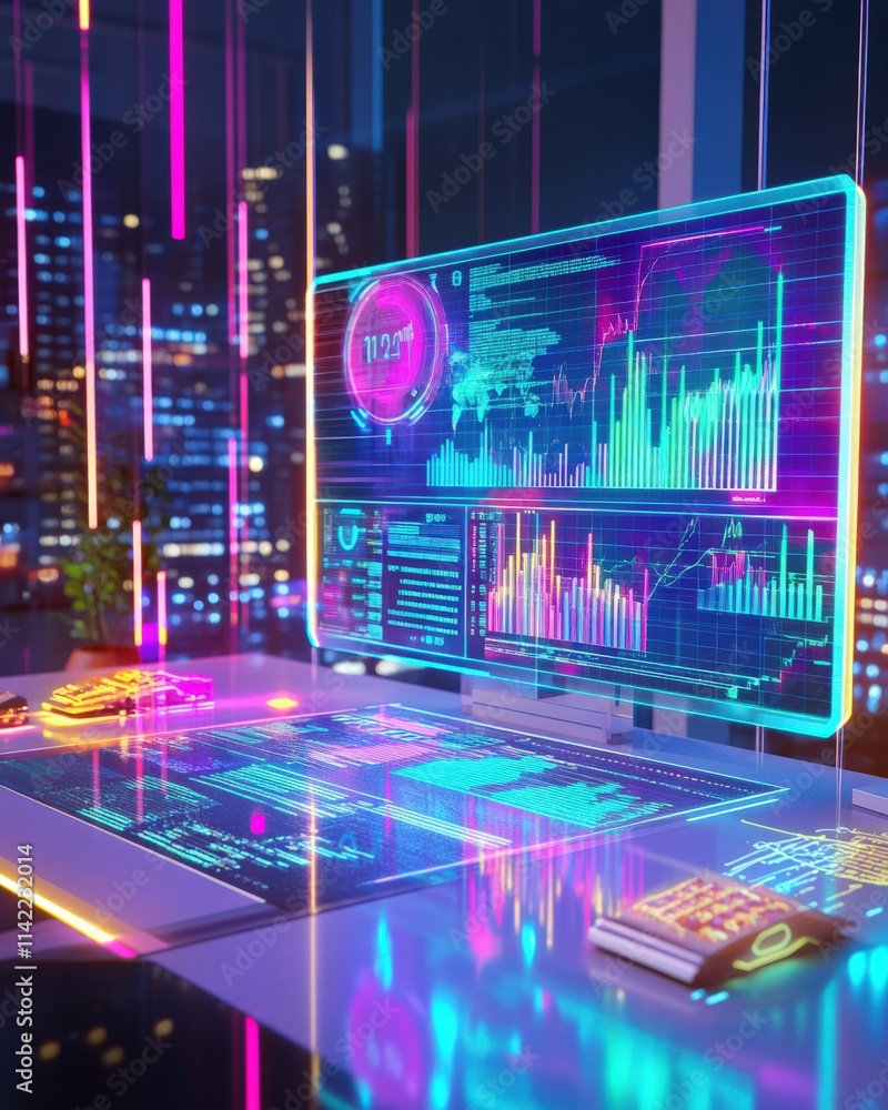 Dynamic data visualization and analysis urban office digital display night cityscape high-tech environment futuristic concept Dynamic data visualization and analysis urban office digital display night cityscape high-tech environment futuristic concept