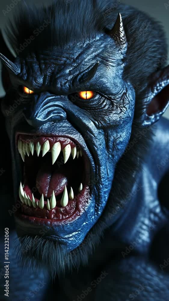 Intense close-up of a blue, ferocious creature with sharp teeth and glowing eyes in a dramatic portrayal of fantasy Intense close-up of a blue, ferocious creature with sharp teeth and glowing eyes in a dramatic portrayal of fantasy