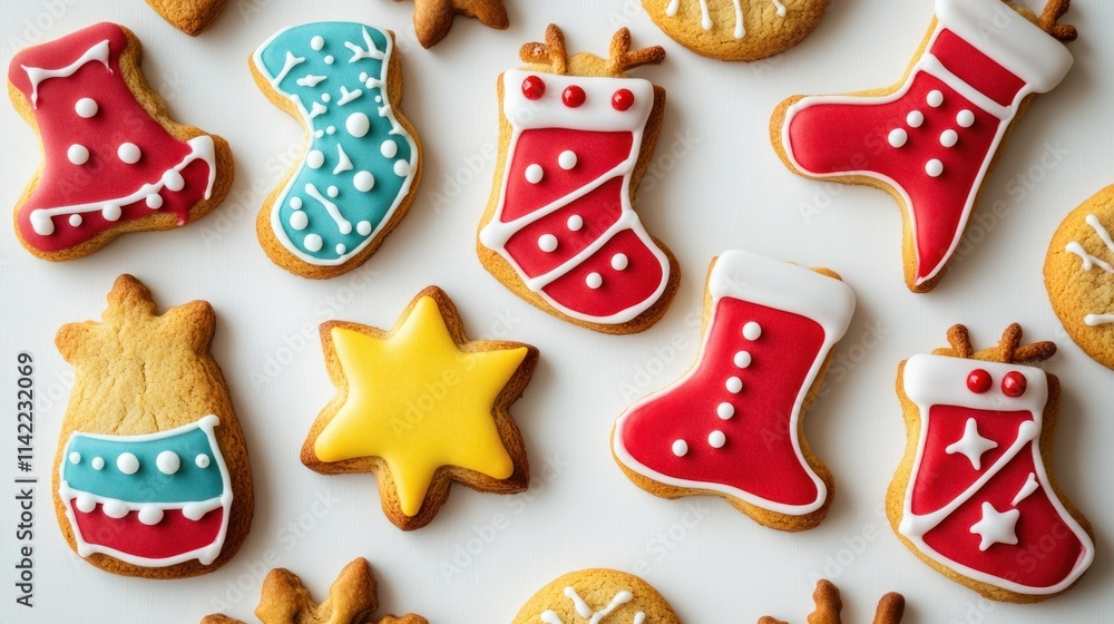 A delightful assortment of holiday cookies in shapes like stockings, reindeer, and stars with vibrant icing, on a clean white background A delightful assortment of holiday cookies in shapes like stockings, reindeer, and stars with vibrant icing, on a clean white background