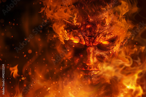 Scary sinister devil is in hell with dramatic fire lighting