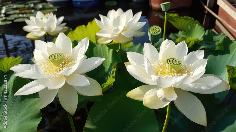 Serene white lotus flowers blooming gracefully in a tranquil pond surrounded by lush green leaves Serene white lotus flowers blooming gracefully in a tranquil pond surrounded by lush green leaves