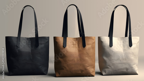 Tote Bag Mockup Set Black Brown and White On Grey Background