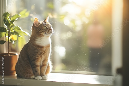Orange tabby cat sitting by window with sunlight and plant.