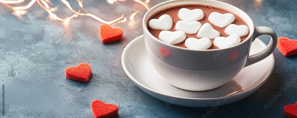 Heart-Shaped Marshmallows in a Cup of Hot Chocolate Concept. Warm cocoa topped with heart-shaped marshmallows and festive decorations Heart-Shaped Marshmallows in a Cup of Hot Chocolate Concept. Warm cocoa topped with heart-shaped marshmallows and festive decorations