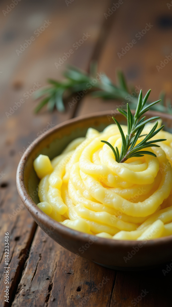 A bowl of mashed potatoes with a garnish of fresh herbs on a wooden table. A bowl of mashed potatoes with a garnish of fresh herbs on a wooden table.