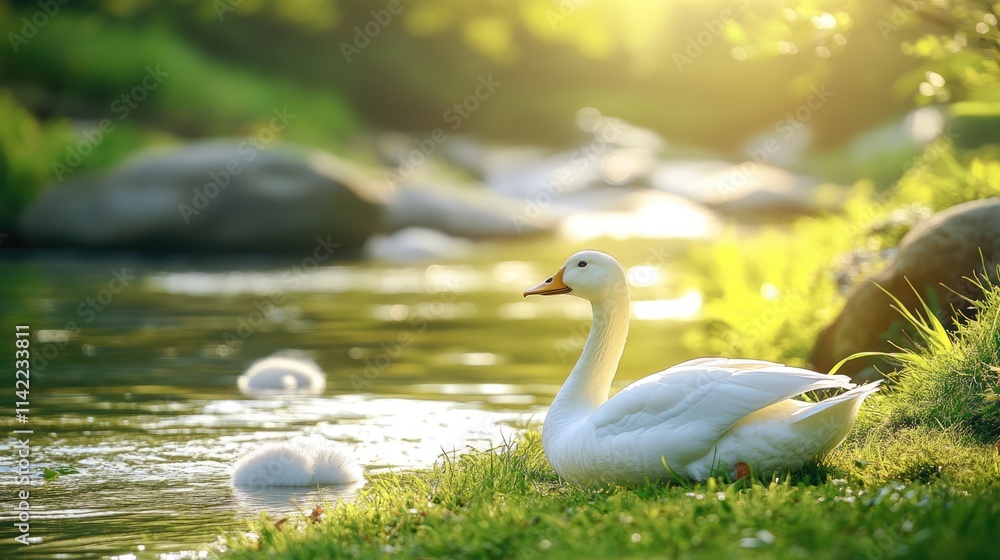 Obraz premium White duck by a serene riverbank in sunlight, perfect for nature-inspired designs and lifestyle concepts during spring or summer.